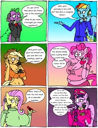 Size: 2520x3288 | Tagged: safe, artist:americananomaly, applejack, fluttershy, pinkie pie, rainbow dash, rarity, spike, trixie, twilight sparkle, alicorn, dragon, anthro, anthroquestria, bbw, belly button, big breasts, breasts, busty applejack, busty fluttershy, busty pinkie pie, chubby, cleavage, clothes, comic, fat, female, hat, high res, immortality blues, implied, lesbian, midriff, muffin top, phone, pudgy pie, rarixie, shipping, short shirt, sweater, sweatershy, twilight sparkle (alicorn), twilighting, uniform
