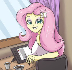 Size: 3112x3021 | Tagged: safe, artist:sumin6301, fluttershy, equestria girls, g4, adorasexy, artist, chocolate, chocolate milk, clothes, cookie, cute, female, food, grin, happy, high res, lidded eyes, milk, paint tool sai, plate, sexy, smiling, smirk, solo, stylus, tablet, tank top, teenager
