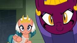 Size: 1920x1080 | Tagged: safe, screencap, somnambula, the sphinx, pegasus, pony, sphinx, daring done?, g4, :c, >:), c:, c:<, cute, evil grin, female, frown, glare, grin, looking at you, mare, needs more jpeg, raised hoof, smiling, smirk, sphinxdorable