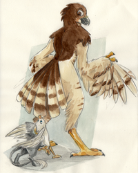 Size: 1153x1443 | Tagged: safe, artist:thekuto, oc, oc only, oc:der, oc:lief woodcock, avian, bird, griffon, anthro, furry, micro, non-mlp oc, pulling, tail feathers