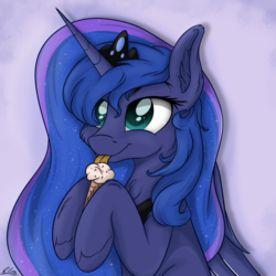 Size: 2700x2700 | Tagged: safe, artist:check3256, princess luna, alicorn, pony, g4, cute, female, food, high res, ice cream, licking, lunabetes, mare, smiling, solo, tongue out
