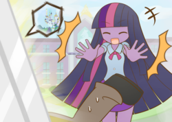 Size: 1512x1075 | Tagged: safe, artist:howxu, twilight sparkle, oc, oc:generic messy hair anime anon, equestria girls, g4, canterlot, canterlot high, clothes, commission, eyes closed, offscreen character, open mouth, portal, pushing, solo focus