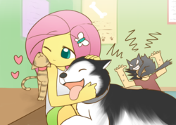 Size: 1512x1075 | Tagged: safe, artist:howxu, fluttershy, oc, oc:generic messy hair anime anon, cat, dog, husky, equestria girls, g4, clothes, commission, cute, eyes closed, female, grumpy cat, heart, love handles, one eye closed, scratching, shyabetes, skirt, solo, tank top, tongue out