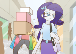 Size: 3024x2150 | Tagged: safe, artist:howxu, rarity, oc, oc:generic messy hair anime anon, equestria girls, g4, clothes, commission, duo, female, glasses, high res, mall, pants, purse, shopping, shopping bag, skirt, struggling