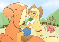 Size: 1512x1075 | Tagged: safe, artist:howxu, applejack, big macintosh, lonestar, oc, oc:generic messy hair anime anon, horse, equestria girls, g4, bucking, clothes, commission, cowboy hat, denim skirt, female, freckles, hat, humans riding horses, rearing, reins, riding, scenery, skirt, solo, stetson