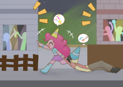 Size: 1512x1075 | Tagged: safe, artist:howxu, pinkie pie, oc, oc:generic messy hair anime anon, equestria girls, g4, building, clothes, commission, duo focus, eyes closed, fence, hat, pants, party, party hat, skirt, sleeping