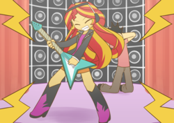 Size: 1512x1075 | Tagged: safe, artist:howxu, sunset shimmer, oc, oc:generic messy hair anime anon, equestria girls, g4, clothes, commission, cute, electric guitar, eyes closed, female, guitar, headphones, jacket, leather jacket, loud, musical instrument, pants, rock (music), rocking out, shimmerbetes, skirt, solo focus, speaker, sunset shredder