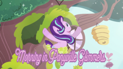 Size: 1366x768 | Tagged: safe, edit, edited screencap, screencap, starlight glimmer, pony, unicorn, g4, magical mystery cure, beehive, caption, female, golden oaks library, happy, library, looking up, mare, morning in ponyville, reaching, singing, smiling, solo, sparkles, sparkling, tree, weather vane, window