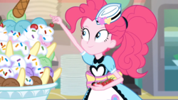 Size: 1024x576 | Tagged: safe, screencap, pinkie pie, coinky-dink world, equestria girls, g4, my little pony equestria girls: summertime shorts, female, food, server pinkie pie, solo, sundae