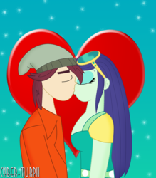 Size: 2351x2687 | Tagged: safe, artist:cyber-murph, blueberry cake, normal norman, equestria girls, background human, beanie, couple, eyes closed, female, hat, heart, kissing, love, male, normalcake, shipping, signature, straight, sunglasses