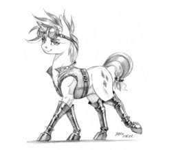 Size: 1400x1225 | Tagged: safe, artist:baron engel, rarity, pony, unicorn, g4, it isn't the mane thing about you, alternate hairstyle, female, goggles, grayscale, looking at you, mare, monochrome, pencil drawing, punk, raripunk, short hair, simple background, sketch, smiling, solo, traditional art, white background