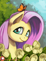 Size: 825x1100 | Tagged: safe, artist:lexx2dot0, fluttershy, butterfly, pegasus, pony, bust, cloud, cute, female, flower, looking at you, mare, patreon, patreon logo, portrait, shyabetes, sky, smiling, solo, tree