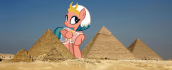 Size: 3200x1300 | Tagged: safe, artist:silverswirls15, artist:theotterpony, somnambula, pegasus, pony, g4, clothes, desert, egypt, female, giant pony, giantess, highrise ponies, irl, macro, mare, photo, ponies in real life, pyramid, pyramids of giza, raised hoof, smiling, solo, story included