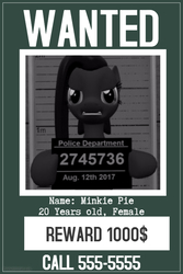 Size: 600x900 | Tagged: safe, oc, oc only, oc:minkie pie, fanfic:muffins, fanfic art, mugshot, text, wanted poster