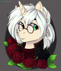 Size: 771x899 | Tagged: safe, artist:somepony-ul, oc, oc only, oc:allure, pony, unicorn, animated, commission, cute, flower, gif, glasses, rose, smiling, ych result