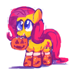 Size: 1500x1500 | Tagged: safe, artist:docwario, fluttershy, pegasus, pony, g4, clothes, cute, female, halloween, holiday, jack-o-lantern, mouth hold, pumpkin, pumpkin bucket, simple background, socks, solo, white background