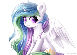 Size: 1400x1000 | Tagged: safe, artist:mitralexa, princess celestia, alicorn, pony, g4, eyebrows, female, looking at you, mare, missing accessory, signature, simple background, sitting, smiling, solo