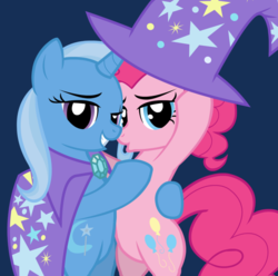 Size: 712x706 | Tagged: safe, artist:mixermike622, pinkie pie, trixie, g4, blue background, clothes, cropped, duo, duo female, female, hat, lesbian, ship:trixiepie, shipping, show accurate, simple background, trixie's hat, vector, wizard hat