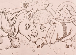 Size: 1280x927 | Tagged: safe, artist:ponysource, maud pie, trixie, earth pony, pony, unicorn, g4, female, lesbian, mare, open mouth, ship:mauxie, shipping, traditional art