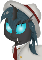 Size: 1250x1784 | Tagged: safe, artist:djdavid98, oc, oc only, oc:carbon copy, changeling, bust, changeling oc, clothes, hat, shading, simple background, soft shading, solo, transparent background