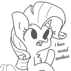 Size: 1650x1650 | Tagged: safe, artist:tjpones edits, edit, rarity, pony, unicorn, g4, chest fluff, female, i have several questions, jontron, mare, open mouth, raised hoof, reaction image, simple background, solo