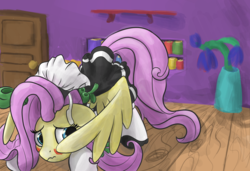 Size: 2876x1968 | Tagged: safe, artist:velvet frame, fluttershy, pony, g4, blushing, book, bookshelf, bow, clothes, cute, door, embarrassed, face down ass up, female, flower, fluttermaid, gloves, looking back, maid, shoes, spread wings, wings, wooden floor