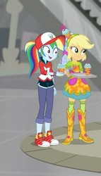 Size: 427x747 | Tagged: safe, screencap, applejack, rainbow dash, equestria girls, g4, good vibes, my little pony equestria girls: summertime shorts, boots, cap, clothes, converse, cropped, drink, female, hat, pants, shoes, skirt, smiling, sneakers, zettai ryouiki