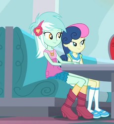 Size: 711x776 | Tagged: safe, screencap, bon bon, lyra heartstrings, sweetie drops, coinky-dink world, equestria girls, g4, my little pony equestria girls: summertime shorts, boots, clothes, cropped, shoes, skirt, smiling, socks