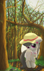 Size: 800x1280 | Tagged: safe, artist:vultraz, derpibooru exclusive, octavia melody, earth pony, pony, g4, clothes, cottagecore, cute, dress, female, floppy ears, flower, fluffy, forest, hat, lidded eyes, looking at you, mare, nature, raised hoof, smiling, solo, sundress, tavibetes, tree