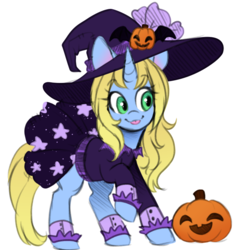Size: 812x838 | Tagged: safe, artist:lolopan, artist:mynder, oc, oc only, oc:art's desire, pony, unicorn, aside glance, clothes, costume, cute, female, green eyes, halloween, hat, holiday, jack-o-lantern, mare, pumpkin, raspberry, simple background, solo, tongue out, white background, witch, witch hat