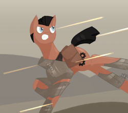 Size: 1280x1124 | Tagged: safe, artist:the_only_pip, oc, oc only, fallout equestria, armor, being shot at, bullet, running, saddle bag, solo