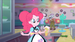 Size: 1024x576 | Tagged: safe, screencap, mr. waddle, pearly stitch, pinkie pie, coinky-dink world, equestria girls, g4, my little pony equestria girls: summertime shorts, milkshake, server pinkie pie, solo focus