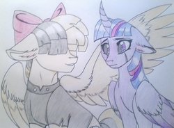 Size: 1024x753 | Tagged: safe, artist:evergreen-gemdust, songbird serenade, twilight sparkle, alicorn, pegasus, pony, g4, my little pony: the movie, clothes, comforting, crying, curved horn, female, floppy ears, horn, mare, sad, scar, simple background, smiling, traditional art, twilight sparkle (alicorn)