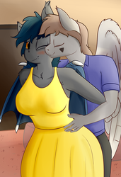 Size: 2400x3500 | Tagged: safe, artist:huckser, oc, oc only, oc:nuke, oc:speck, bat pony, anthro, bedroom, blushing, cheek kiss, clothes, couple, dress, duo, female, high res, husband and wife, kissing, male, married couple, married couples doing married things, multiple variants, shipping, speke, straight