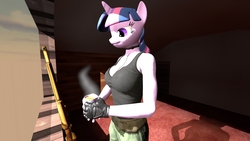 Size: 3840x2160 | Tagged: safe, artist:clintr, twilight sparkle, anthro, g4, 3d, big breasts, breasts, clothes, fingerless gloves, food, gloves, gun, high res, rifle, sniper rifle, source filmmaker, tales from the borderlands, tank top, tea, weapon