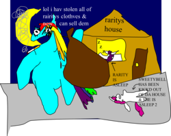Size: 1697x1343 | Tagged: safe, artist:jacobfoolson, rainbow dash, rarity, sweetie belle, g4, 1000 hours in ms paint, breaking and entering, cigarette, robbery, smoking, stealing