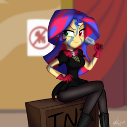 Size: 800x800 | Tagged: dead source, safe, artist:wubcakeva, sunset shimmer, elements of insanity, equestria girls, g4, boots, clothes, dress, female, gift art, gloves, heterochromia, microphone, painset shimmercakes, pantyhose, shoes, sitting, smiling, solo