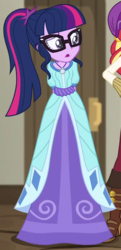Size: 380x785 | Tagged: safe, screencap, sci-twi, sunset shimmer, twilight sparkle, equestria girls, equestria girls specials, g4, my little pony equestria girls: movie magic, beautiful, clothes, cropped, dress, female, glasses, hands behind back, india movie set, open mouth, solo focus