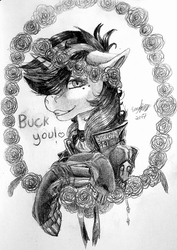 Size: 2301x3242 | Tagged: safe, artist:brainiac, oc, oc only, oc:blackjack, cyborg, pony, unicorn, fallout equestria, fallout equestria: project horizons, black and white, chest fluff, clothes, collar, compact horn, feather, female, floppy ears, floral head wreath, flower, gem, grayscale, high res, horn, mare, monochrome, robot legs, rose, solo, text, traditional art