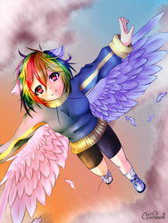 Size: 1200x1600 | Tagged: safe, artist:wolfchen999, rainbow dash, human, g4, anime style, clothes, cloud, converse, eared humanization, female, humanized, looking at you, multicolored hair, shoes, shorts, sky, smiling, socks, solo, winged humanization, wings