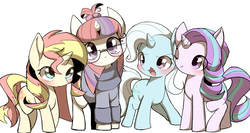 Size: 2686x1426 | Tagged: safe, artist:ccc, moondancer, starlight glimmer, sunset shimmer, trixie, pony, unicorn, g4, counterparts, cute, dancerbetes, diatrixes, female, glimmerbetes, mare, pixiv, shimmerbetes, simple background, twilight's counterparts, unicorn master race, white background
