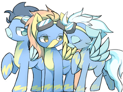 Size: 2445x1844 | Tagged: safe, artist:ccc, fleetfoot, soarin', spitfire, pegasus, pony, g4, clothes, female, goggles, male, mare, pixiv, simple background, stallion, uniform, white background, wonderbolts, wonderbolts uniform