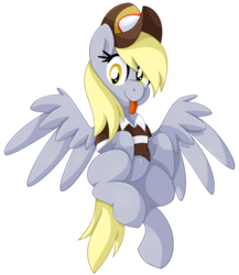 Size: 1663x1920 | Tagged: safe, artist:pearlyiridescence, derpy hooves, pegasus, pony, g4, :p, clothes, cute, derpabetes, featureless crotch, female, flying, hat, mailmare, mare, shirt, simple background, solo, spread wings, tongue out, transparent background, wings