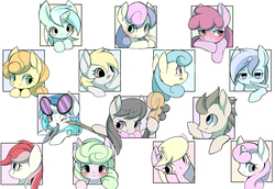 Size: 2547x1753 | Tagged: safe, artist:ccc, berry punch, berryshine, bon bon, carrot top, daisy, derpy hooves, dj pon-3, doctor whooves, flower wishes, golden harvest, lemon hearts, lily, lily valley, lyra heartstrings, minuette, octavia melody, roseluck, sweetie drops, time turner, twinkleshine, vinyl scratch, earth pony, pegasus, pony, unicorn, background pony, blushing, bust, cello, female, flower, flower trio, looking at you, mare, musical instrument, one eye closed, pixiv, simple background, sunglasses, toothbrush, white background, wink