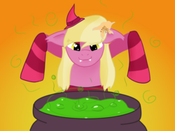 Size: 1000x750 | Tagged: safe, artist:kiwiscribbles, lily, lily valley, pony, g4, clothes, fangs, female, halloween, hat, holiday, mare, socks, solo, striped socks, witch hat