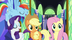 Size: 1280x720 | Tagged: safe, screencap, applejack, fluttershy, rainbow dash, rarity, pony, g4, not asking for trouble, twilight's castle