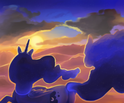 Size: 6000x5000 | Tagged: safe, artist:mylittlegodzilla, princess luna, alicorn, pony, g4, absurd resolution, cloud, color porn, female, mare, rear view, sky, small wings, solo, sunset