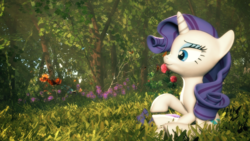 Size: 1920x1080 | Tagged: safe, artist:powdan, rarity, butterfly, pony, unicorn, g4, 3d, beautiful, commission, female, flower, forest, gmod, grass, mare, sitting, solo, tree, wallpaper