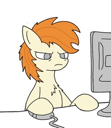 Size: 625x719 | Tagged: safe, artist:pizzamovies, oc, oc only, oc:pizzamovies, chest fluff, computer, computer mouse, frown, male, reaction image, simple background, solo, stallion, wires