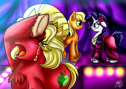 Size: 1024x724 | Tagged: safe, artist:ebonyinkstone, applejack, big macintosh, rarity, g4, alternate cutie mark, chest fluff, crossdressing, crying, female, lesbian, looking at each other, male, mare, open mouth, orchard blossom, sad, ship:rarijack, shipping, stallion, wig